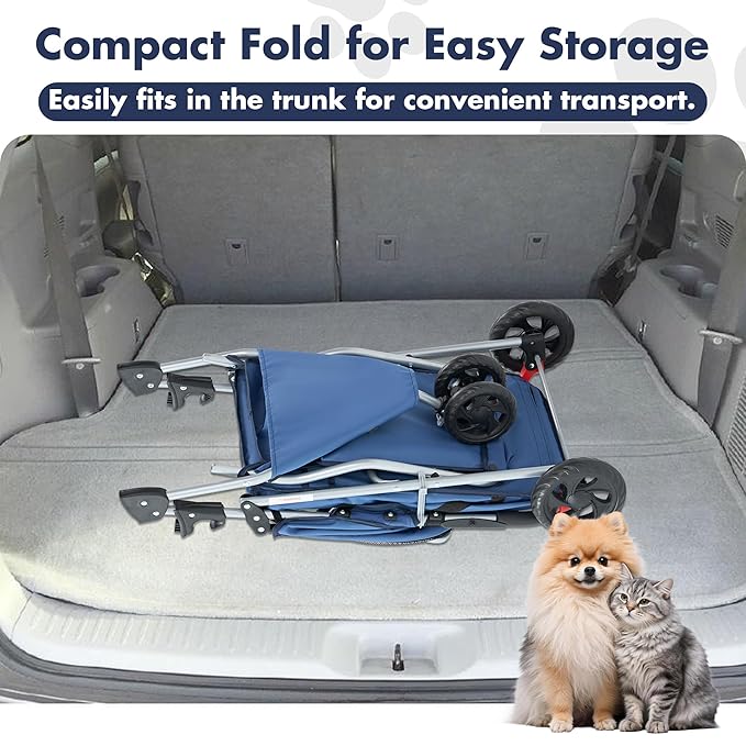 Sweetcrispy 3 Wheels Pet Stroller for Small Dogs and Cats – Foldable Dog Stroller with Mesh Windows, Storage Basket & Cup Holder, Lightweight & Durable Pet Carrier for Travel, Outdoor Use, Blue