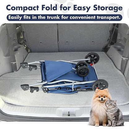 Sweetcrispy 3 Wheels Pet Stroller for Small Dogs and Cats – Foldable Dog Stroller with Mesh Windows, Storage Basket & Cup Holder, Lightweight & Durable Pet Carrier for Travel, Outdoor Use, Blue