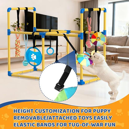 Large Puppy Play Gym & 10 Hanging Toys Indoor Play Gym Interactive Dog Toys for Boredom Enrichment Activity for Small Dog Teething PVC Frame Stretchy Rope with Velcro (35.5 x 27.5 x 18.5 inch)