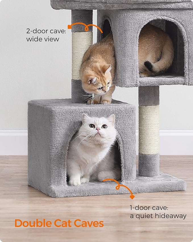 Feandrea Cat Tree, 29.1-Inch Cat Tower, Plush Condo for Medium Cats up to 11 lb, Large Perch, 2 Caves, Scratching Post, Light Gray UPCT612W01