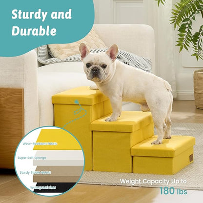 Dog Stairs with Storage, 3-Step Wider Sturdy Dog Steps for Small/Medium/Large Dogs and Older Cats, Folding Doggie Ramp for Bed/Couch/Car Hold Up to 180 lbs (16.7" H, Yellow)