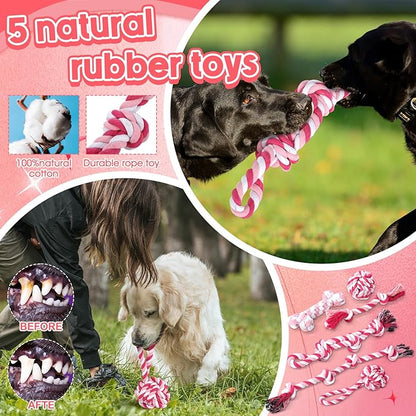 Vinsot 12 Pack Large Dog Chew Toys for Aggressive Chewers Pink Dogs Teething Toys with Dental Rope Squeaky Balls and Chew Bone for Medium Large X-Large Breeds Dogs
