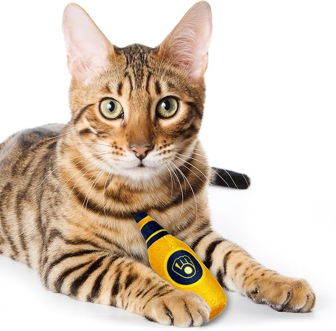 Best Plush CAT Toy - MLB Milwaukee Brewers Complete Set of 3 Piece Cat Toys Filled with Catnip. Incld: 1 Baseball Cap Cat Toy, 1 Baseball Cat Toy with Feathers & 1 Beer Bottle. Beautiful Team Logos