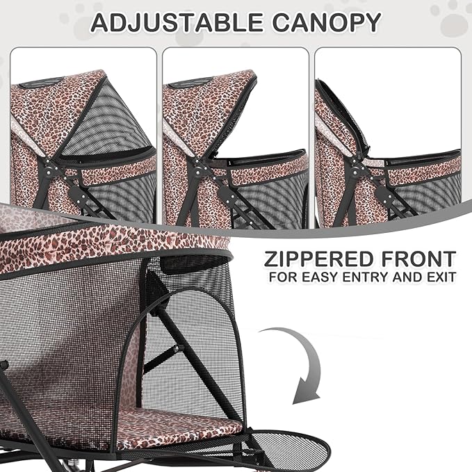 MoNiBloom 4 Wheels Pet Stroller, Easy-Fold Umbrella Shaped Dog Cat Jogger Stroller w/Storage Bag & Visible Mesh for Small/Medium Dogs Cats Leopard Print