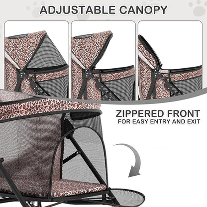 MoNiBloom 4 Wheels Pet Stroller, Easy-Fold Umbrella Shaped Dog Cat Jogger Stroller w/Storage Bag & Visible Mesh for Small/Medium Dogs Cats Leopard Print