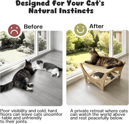 Double-Layer Cat Hammock Bed, Wooden Elevated Cat Beds with Natural Sisal Scratching Mat, Cats Scratcher Bed with Removable Soft Cushion, Cats Scratching Beds with Wood Frames
