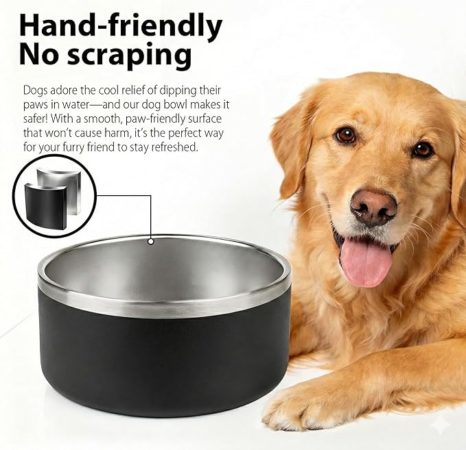 Dog Bowl, Stainless Steel Dog Bowls for Food and Water, Metal Pet Feeding Bowl with Insulated Non-Slip Quiet Bottom, Easy to Clean, Dishwasher Safe, 64oz,8 Cup | Black