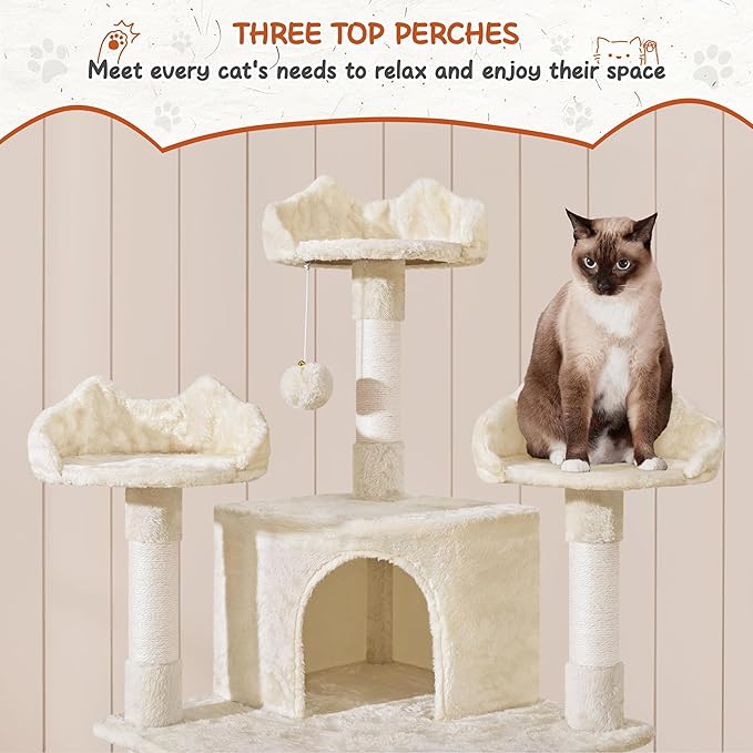 Yaheetech 76.5in Multi-Level Large Cat Tree, Big Cat Tower with 3 Condos, Cozy Plush Perches, 9 Sisal Scratching Posts and Ladder, Activity Center for Large Kitties, Beige
