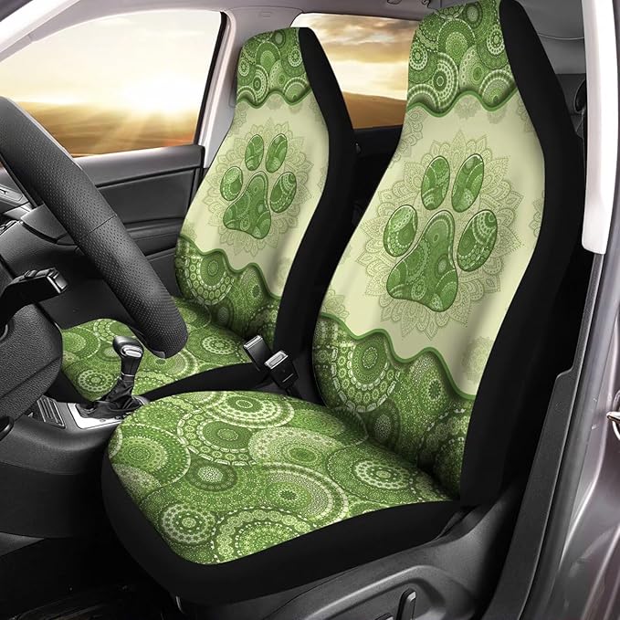 2pcs Waterproof Durable Car Seat Cover, Green Boho Dog Paw Mandala Printed Auto Front Seats Protector for Men Women Fit SUV Truck Sedans
