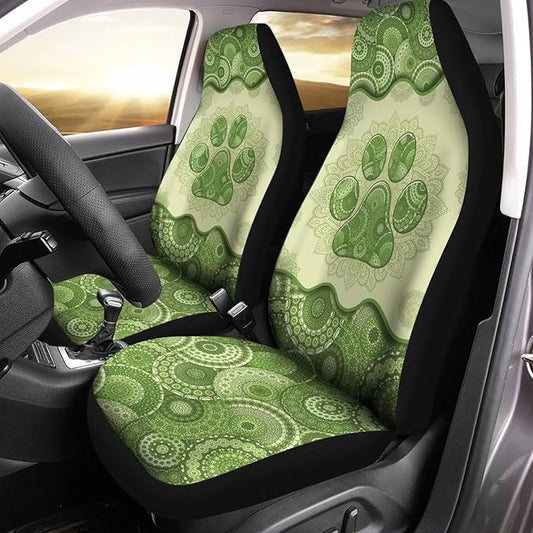 2pcs Waterproof Durable Car Seat Cover, Green Boho Dog Paw Mandala Printed Auto Front Seats Protector for Men Women Fit SUV Truck Sedans