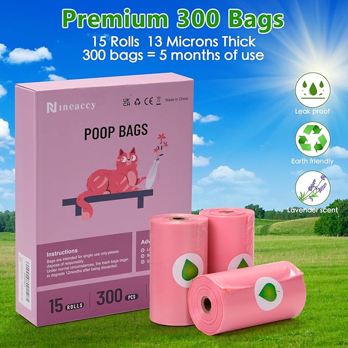 Biodegradable Pink Dog Poo Bags Lavender scent with Dispenser - 300 Large Poop Bags, Extra Thicken Strong Corn Starch Blended Compostable Leak Proof Poop Waste Bag for Dogs