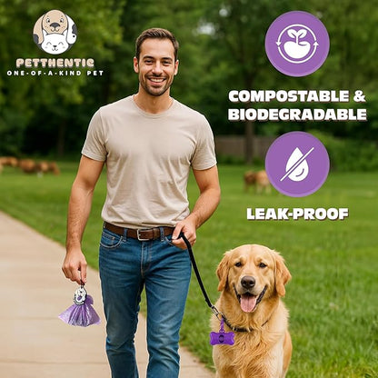 PETTHENTIC Biodegradable Dog Poop Bags with Leash Holder & Dispenser, 240 Count - Lavender Scented, Extra Thick Leak-Proof Cornstarch Waste Bags for Dogs, 16 Rolls, Eco-Friendly Compostable