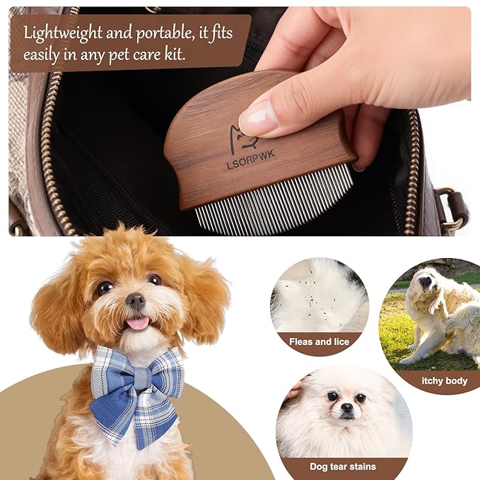 Eye Comb for Dogs & Cats,Wooden Tear Stain Remover for Pets,Gentle Grooming Tool with Rounded Tips,Flea Comb for Small Dogs.