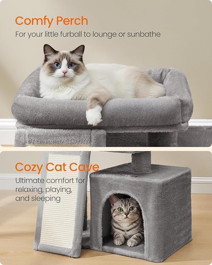 Feandrea Small Cat Tree, Cat Tower Condo, Scratching Ramp, Large Top Perch, Cave, 20.1 x 15.4 x 18.3 Inches, Dove Gray UPCT010GD02S