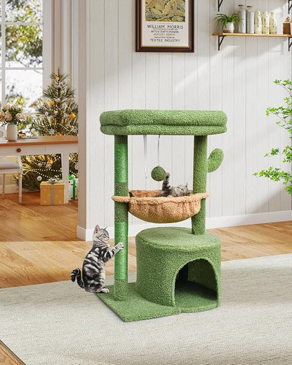 SYANDLVY Cactus Cat Tree for Indoor Cats, Green Activity Cat Tower with Scratching Post for Kittens, Modern Cat Furniture with Basket & Hanging Ball for Play Rest