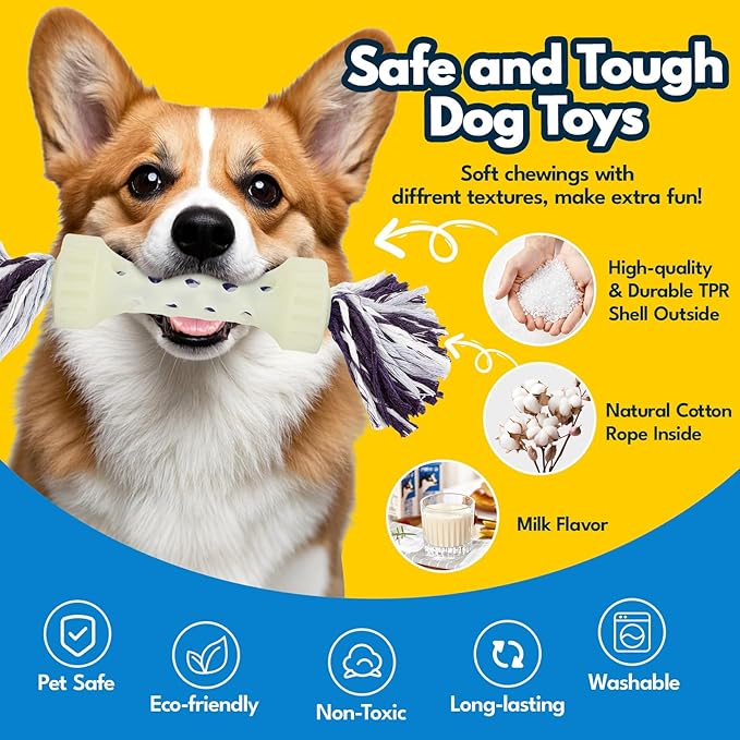 Glow-in-The-Dark Dog Toy – Interactive Fetch, Tug & Treat Puzzle for Small Dogs, 13” Lightweight Flying Disc with Dental Cleaning Texture, TPR & Rope Calming Chew Toy for Anxiety Relief