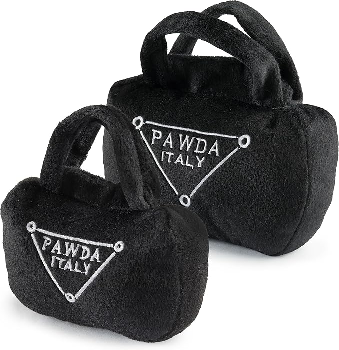 Haute Diggity Dog Pawda Handbag, Plush Designer Dog Toys with Interactive Squeaker, Stimulating Pet Enrichment - Dog Birthday Toy - Machine-Washable & Safe Materials for All Breeds, Size Small