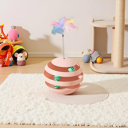 Interactive Cat Toy for Indoor Cats, 3-Layer Ball Track with Tumbler Base & Feather, Self-Play Kitten Toy to Reduce Boredom & Anxiety, Durable Interactive Pet Toy for Kittens and Adult Cats (pink)