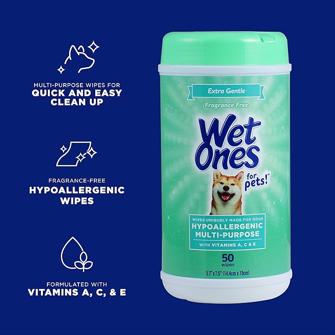 Wet Ones for Pets Hypoallergenic Multipurpose Dog Wipes with Vitamins A, C & E - No Fragrance Pet Wipes for Dogs in Canister, 50 Count - 12 Pack