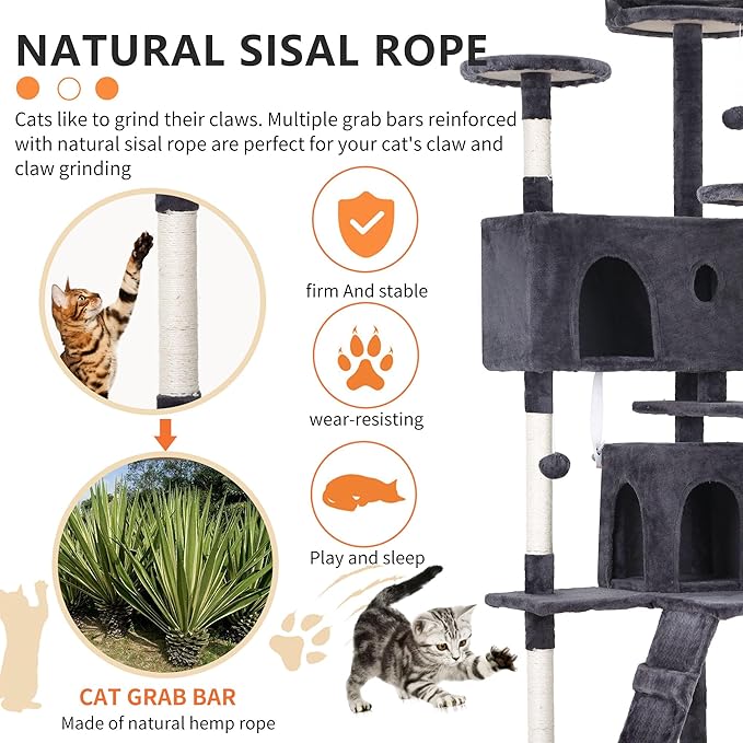 BestPet | 70" Cat Tree Tower | Ashy | Sturdy, Easy to Assemble, Multi-Level Activity Center with Sisal Scratching Posts, Condos, Perches, Hanging Cat Toys, Observation Decks & Ladder