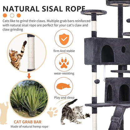 BestPet | 70" Cat Tree Tower | Ashy | Sturdy, Easy to Assemble, Multi-Level Activity Center with Sisal Scratching Posts, Condos, Perches, Hanging Cat Toys, Observation Decks & Ladder