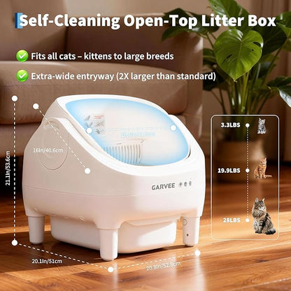 Self Cleaning Litter Box, Automatic Cat Litter Box with APP Control, Odor-Free Waste Disposal Includes Trash Bags, Large Waste Bin, Open-Top, for Multiple Cats, White