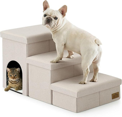 Dog Stairs with Storage, 3-Step Wider Sturdy Dog Steps for Small/Medium/Large Dogs and Older Cats, Doggie Ramp with Condo for Bed/Couch/Car Hold Up to 180 lbs (17.7" H, Beige)