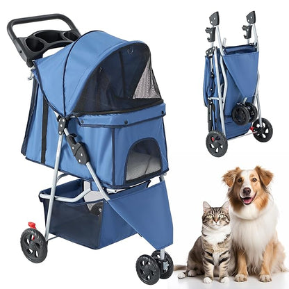 3 Wheel Pet Stroller for Dogs and Cats, Foldable, Lightweight and Durable, Ideal for Small to Medium Pets, Includes Storage Basket and Cup Holders