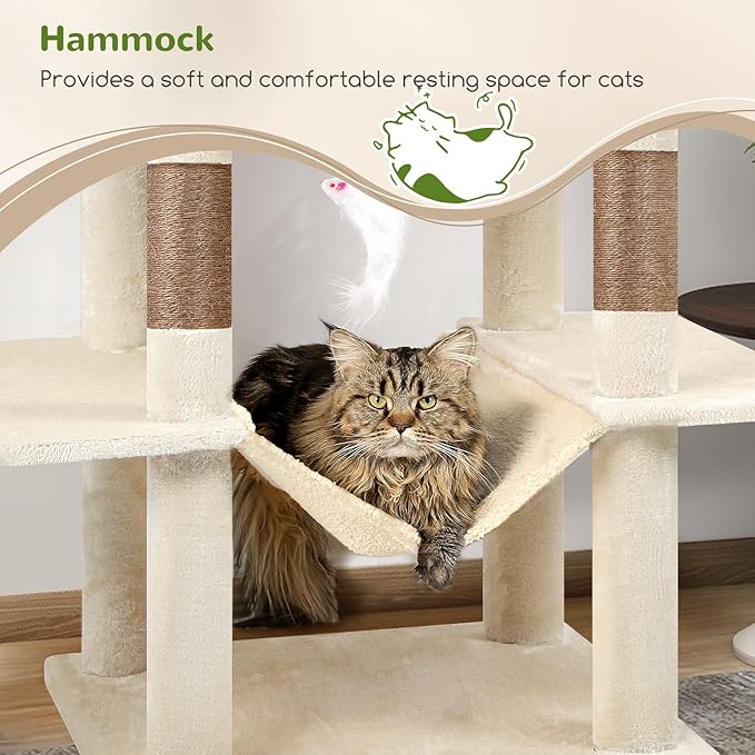 Globlazer Cat Tree Tower, 76-Inch Extra Tall Multi-Level Cat Furniture with Cozy Condos, Hammock and Perches for Adult Cats, Perfect for Climbing, Scratching, and Play, F76, Beige