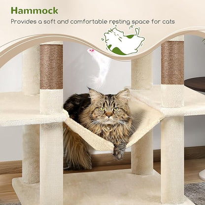 Globlazer Cat Tree Tower, 76-Inch Extra Tall Multi-Level Cat Furniture with Cozy Condos, Hammock and Perches for Adult Cats, Perfect for Climbing, Scratching, and Play, F76, Beige