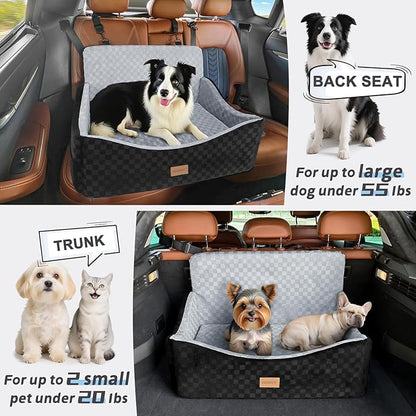 JOEJOY Dog Car Seat for Medium/Large Dogs - Reversible Dual-Sided Travel Dog Car Bed with Memory Foam, Washable Pet Booster Seat for Dogs up to 55 lbs or 2 Small Dogs, 2 Safety Leashes, Grey