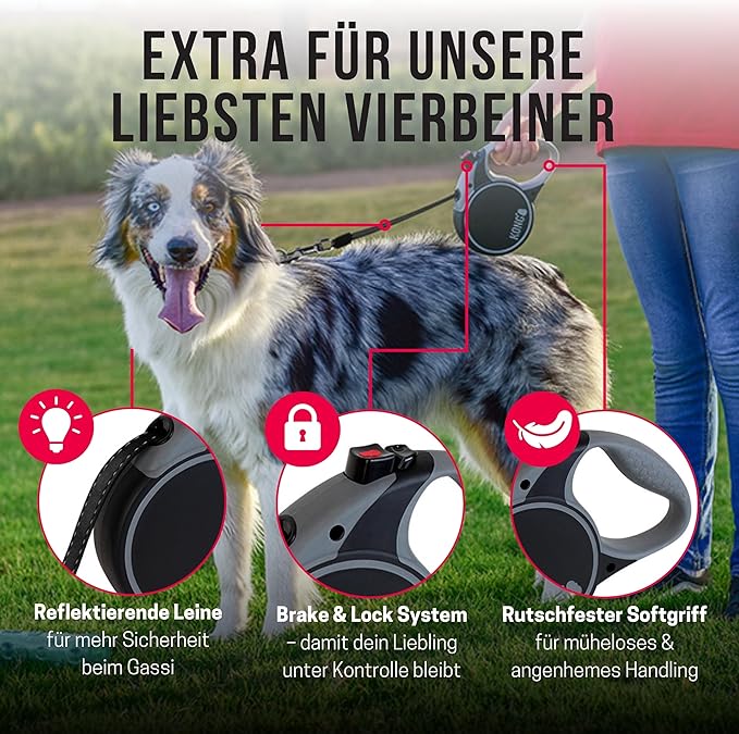 Alcott Kong Terrain Retractable Dog Leash, Medium, Grey, 16' Long.