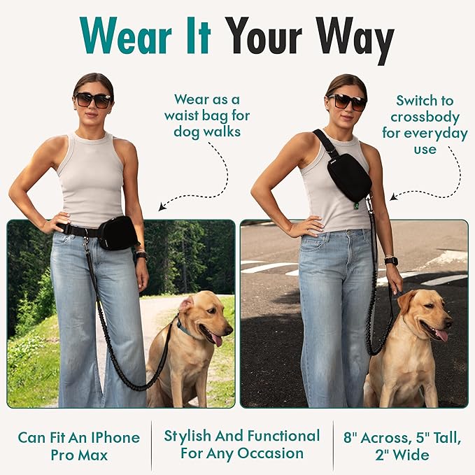 Hands Free Dog Leash with Dog Treat Pouch - Stylish & Trendy Waist Leash for Dog Walking - Wear on Waist or Crossbody - Durable & Detachable - Shock Absorbing - Waste Bag Dispenser - Walk or Run