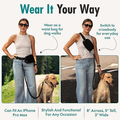 Hands Free Dog Leash with Dog Treat Pouch - Stylish & Trendy Waist Leash for Dog Walking - Wear on Waist or Crossbody - Durable & Detachable - Shock Absorbing - Waste Bag Dispenser - Walk or Run