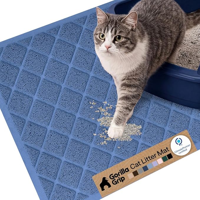GORILLA GRIP Cat Litter Box Mat, Cushioned Coil Mesh Litter Trapping Mats, Scatter Control Supplies for Less Mess, Phthalate Free, Ultra Deep Catch Grooves, Rinse or Vacuum to Clean, 24x17 Navy Blue