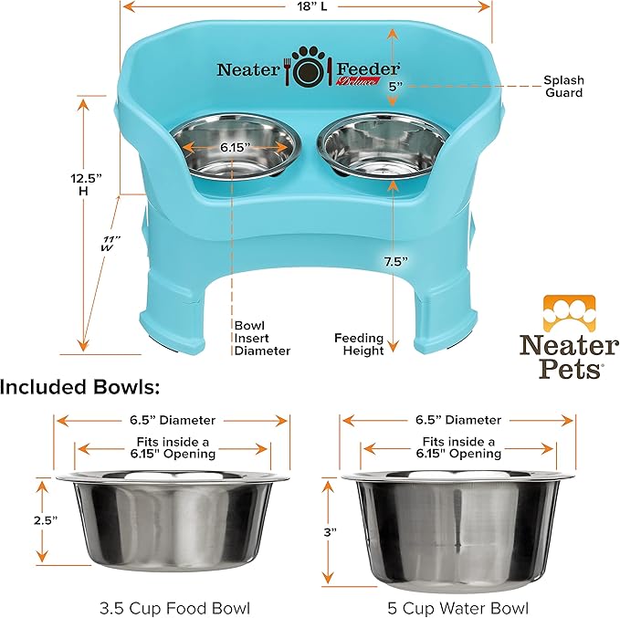Neater Feeder Deluxe Mess-Proof Elevated Dog Bowls for Medium Dogs (19–40 lbs), 2 Height Adjustable (10” & 12.5”) No-Spill Raised Dog Bowl Stand, Stainless Steel Food Bowl Set, Made in USA, Aquamarine