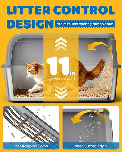 2-Pack Stainless Steel Cat Litter Box for Kitty with Scoops, Non-Stick & Easy-to-Clean Metal Cat Litter Box with Leakproof Enclosure, Grey