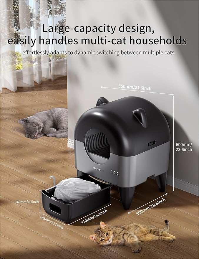 Self Cleaning Litter Box,95L Automatic Self Cleaning Cat Litter Box,Smart Electric Litter Box with App Control 8 Safety Sensors for Multiple Cats,Advanced Odor Control,Night Light OMCPET(Dark Gray)