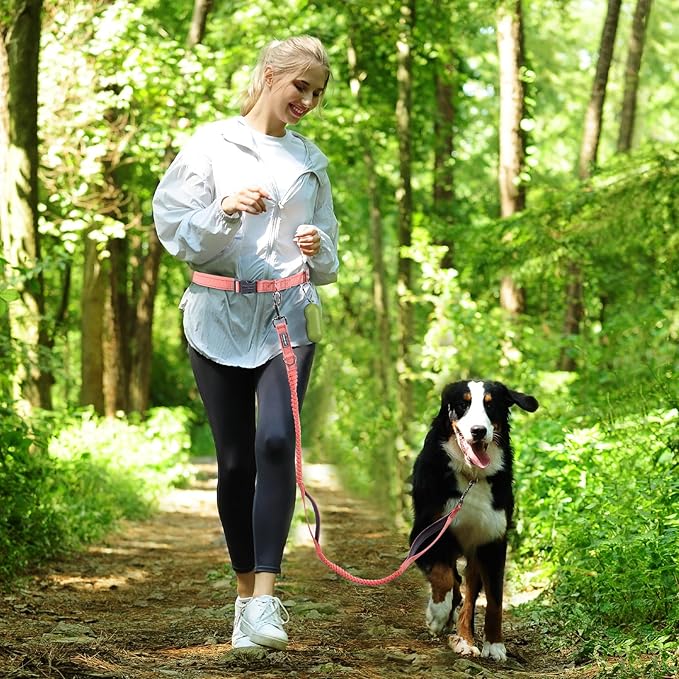 VIVAGLORY Hands Free Dog Leash Bungeetwin Running Dog Leash with Waist Belt for Running Walking & Jogging, Bungee & Around Waist for Pet, S, Pink/Grey