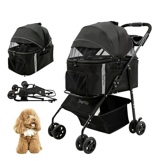 Pet Stroller with Removable Carrier, 3 in 1 Stroller for Dogs, Pet One-Click Foldable Pet Stroller with 4 Wheel, Small Dog Stroller Holds up to 33 lbs, Cup Holder, Cat Stroller, Black