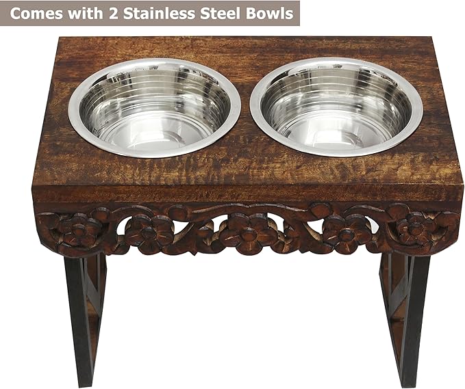 Elevated Pet Feeder for Dogs and Cats - The Bali Carved Wood Pet Feeding Stand with Two Stainless Steel Bowls - Three Heights Adjustable Raised Dog Bowl - Food Water Pet Feeding Station - IRONGATE