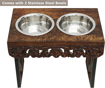 Elevated Pet Feeder for Dogs and Cats - The Bali Carved Wood Pet Feeding Stand with Two Stainless Steel Bowls - Three Heights Adjustable Raised Dog Bowl - Food Water Pet Feeding Station - IRONGATE