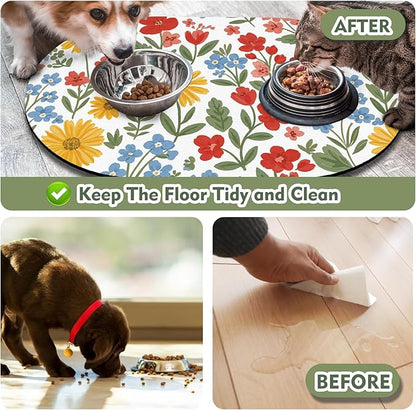 Absorbent Cat Mats for Food and Water 24''x16'', Non-Slip Rubber Mat for Cats Bowls, Easy Store Pet Food Placemat, Mats for Under Cats Food Bowls, Fit with Kitchen, Living Room, White Floral