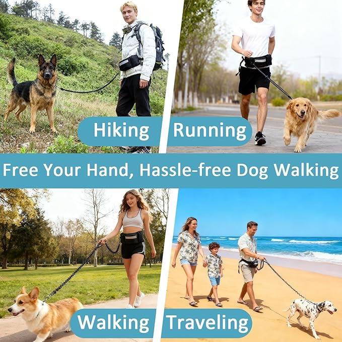 Hands Free Dog Leash, Heavy Duty Waist Leash with Zipper Pouch for Dog Walking, Jogging, Hiking, Adjustable Waist Belt with Pack Retractable Rope,Running Leashes for Medium & Large Dogs