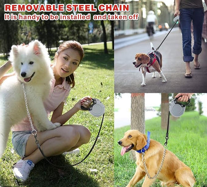 Idepet Heavy Duty Retractable Dog Leash for Small and Medium Dogs, Anti-Chewing Steel Chain 360 Degree Tangle-Free,Break and Lock System,16ft Leash for Dog Walking (Flat Rope)