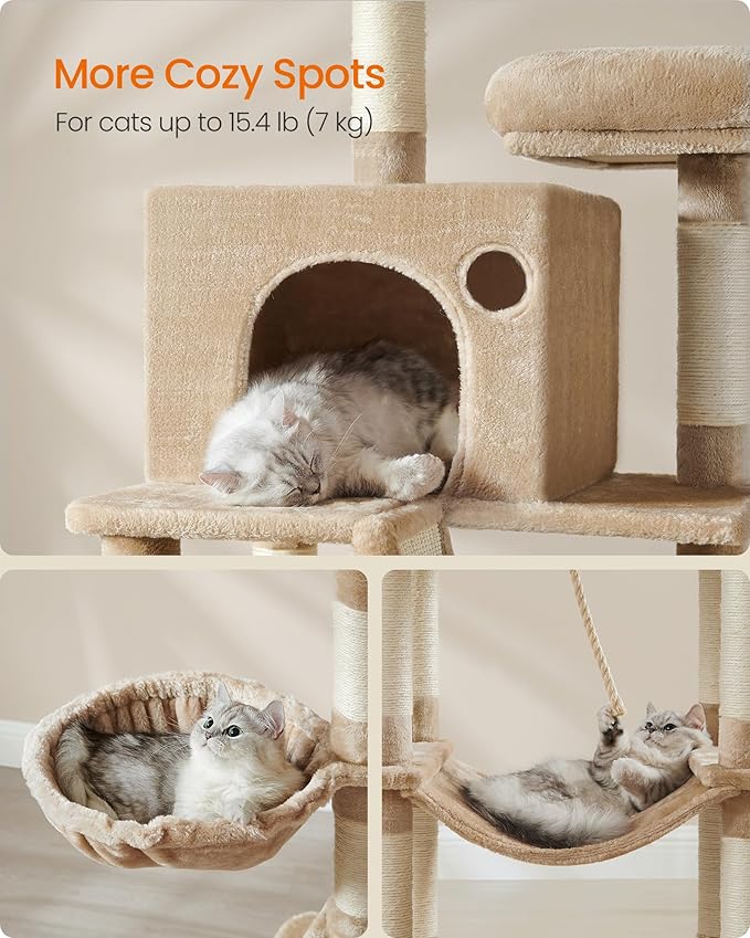 Feandrea Cat Tree, 81.1-Inch Large Cat Tower, Multi-Level Plush Condo with 13 Scratching Posts, 2 Perches, 2 Caves, Basket, Hammock, Pompoms, Camel Brown UPCT190K01