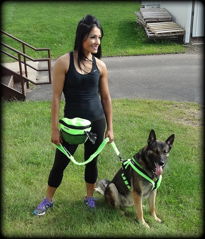 ActiveDogs Dog Handler Bag w/Bungee Leash, Water-Resistant Adjustable Treat Bag + Hands-Free 36"-52" Leash Combo - Blue Fleece
