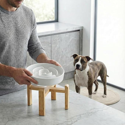 Elevated Slow Feeder Dog Bowl - Upgraded with Screwed Bamboo Stand - Ceramic Maze Dish for Fast Eaters - Raised Feeding Bowl for Medium and Large Dogs - White