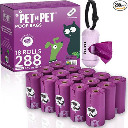 PET N PET Poop Bags for Dogs, 288 Count Lavender Scented Dog Waste Bags with Leash Dispenser, USDA Certified 38% Plant Based & 62% PE Dogs Waste Bag