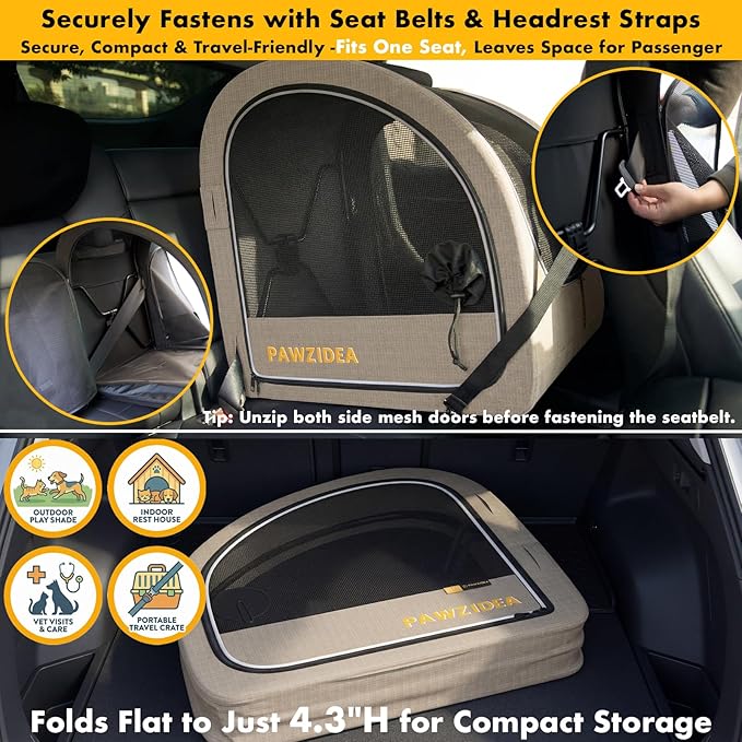 PAWZIDEA Portable Dog Crate for Car, 45% Extra Tall Travel Kennel for Medium & Large Dogs up to 80lbs Sit Upright, Enclosed Soft-Sided Backseat Carrier Collapsible, Secure w/Seatbelt & Headrest Strap